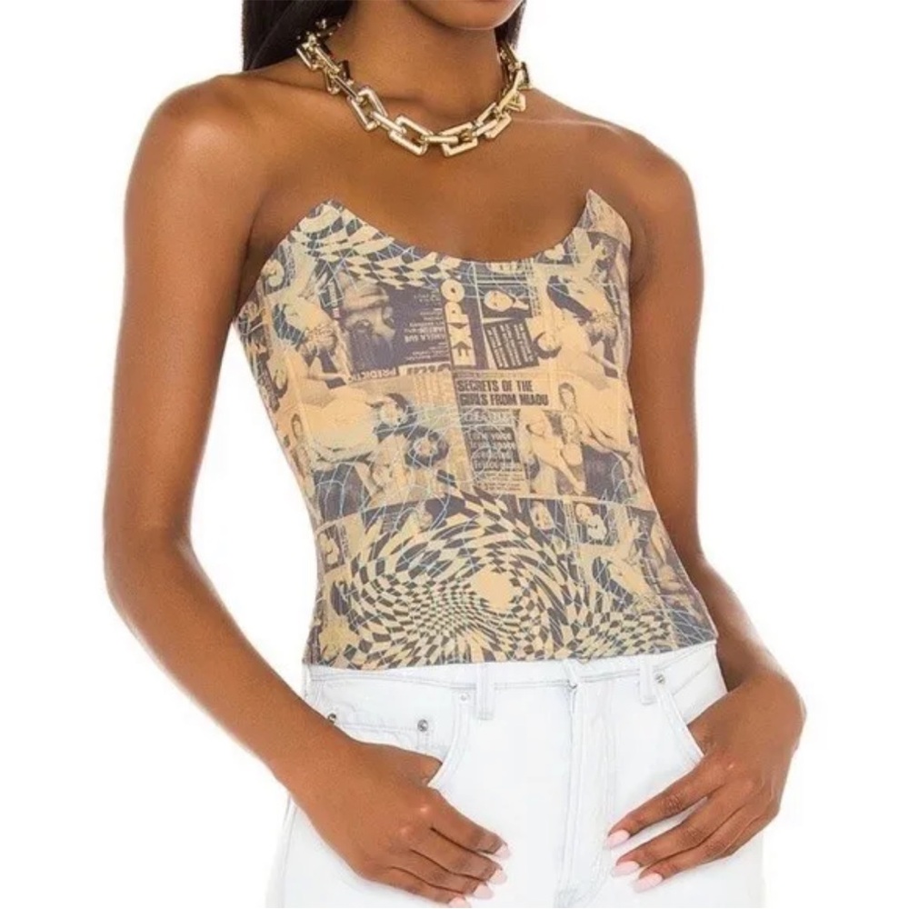 Miaou Leia Corset in Wanted -Vintage newsprint collage motif size XL